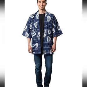 Marukyo  Japanese Short Belted Kimono with headband Blue Mens 34 Medium/Large